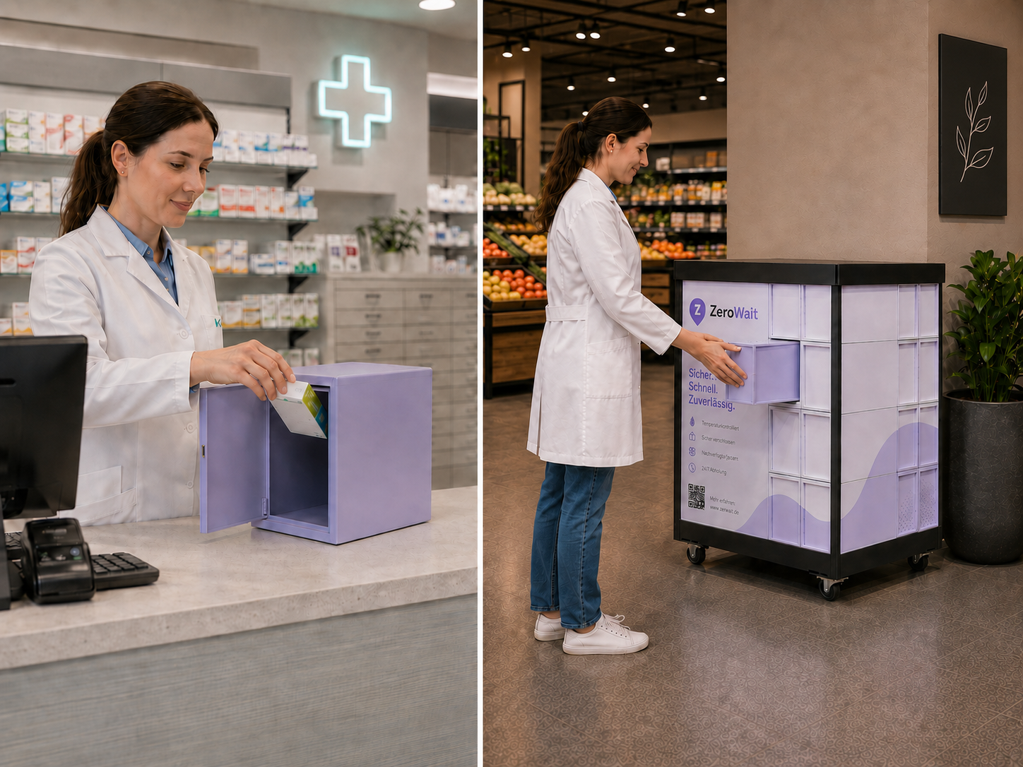 Apothekerin befüllt ein ZeroWait-Fach mit Medikamenten