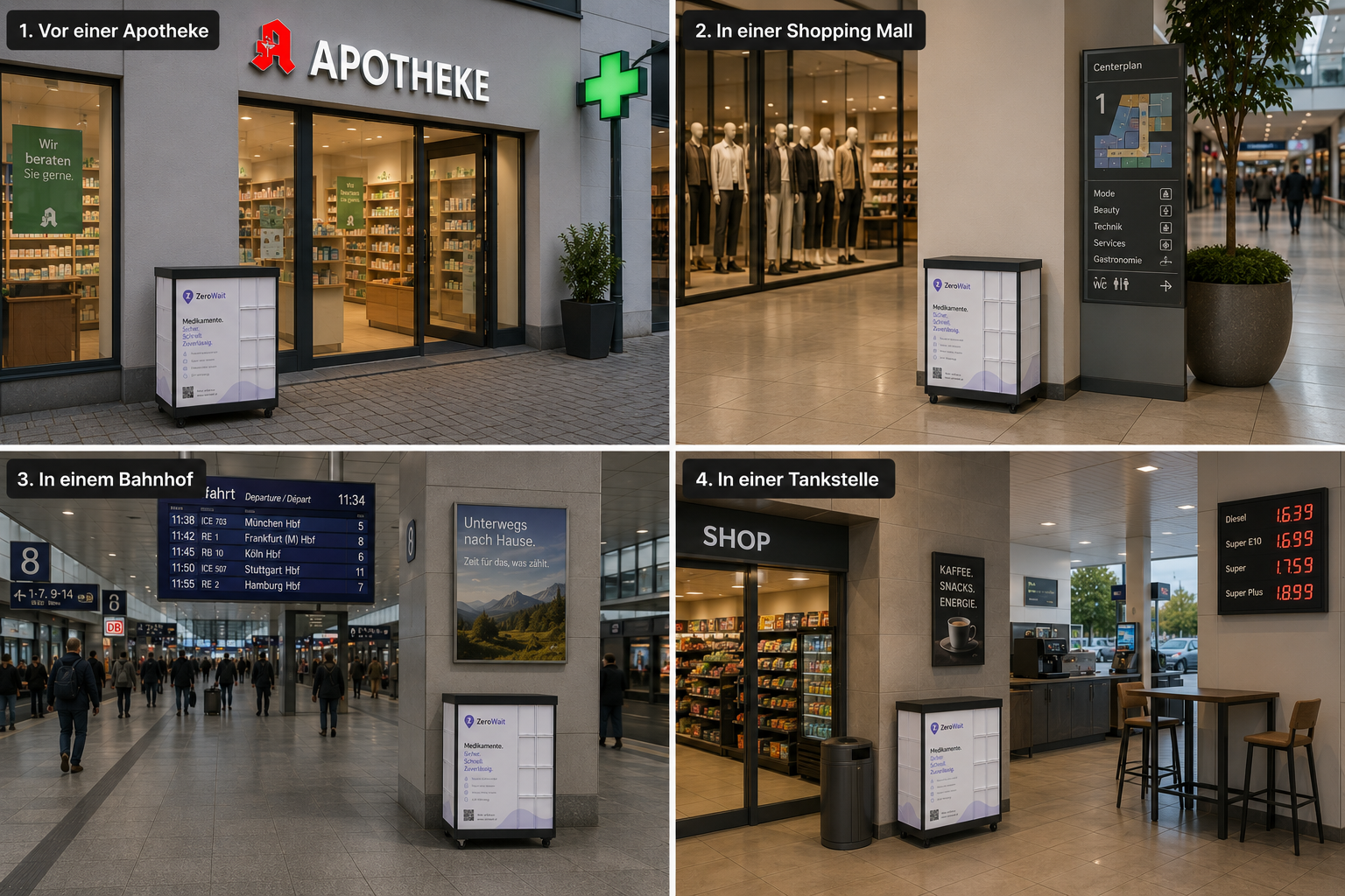 Standorte der ZeroWait Abholstation: Apotheke, Einkaufszentrum, Bahnhof, Tankstelle